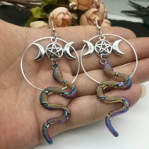Witch Pentagram Crescent Moon Snake Dangle Earring Pagan Gothic Earrings Wiccan Jewelry