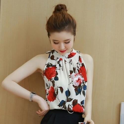 Spring Summer Style Women Chiffon Blouses Shirts lady Casual Sleeveless Stand Collar Flower Printed Blusas Tops DD8985