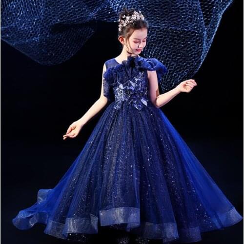 High-end Sexy Mesh stitching evening dress Kids Catwalk Appliques Trailing princess dress for girl birthday party Gown L360