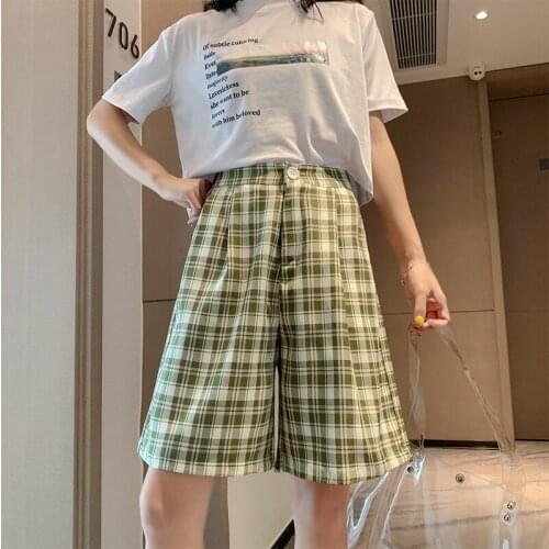 2021 New Summer Fashion Trend Casual Green Plaid Middle Pants for Woman Green High Waist Loose Straight Grid Casual Shorts