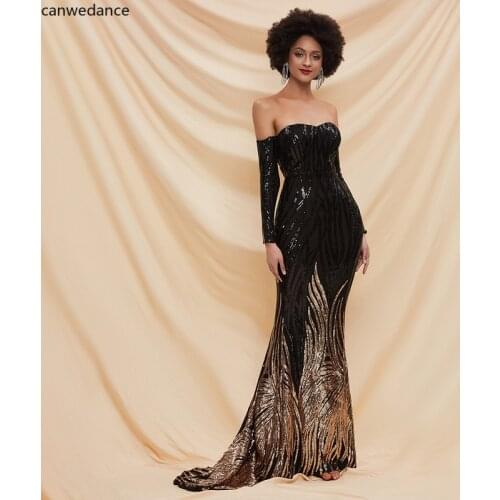 2020 Glitter Black Mermaid Evening Dress Long Sleeves Boat Neck Exquisite Sequins Long Prom Gowns Arrival Women Party Dress