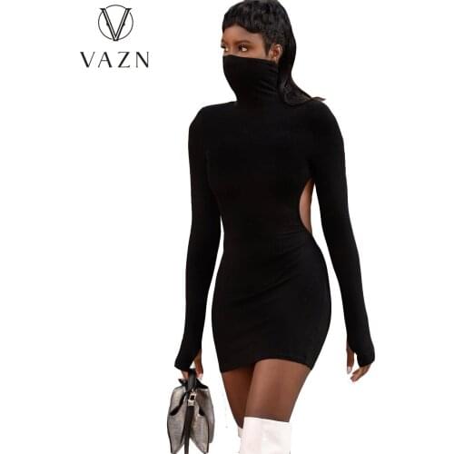 VAZN 2020 New Arrival HIgh Neck Bandage Solid Dresses Sexy Club Casual Party Dress Shinny Women High Waist Dress