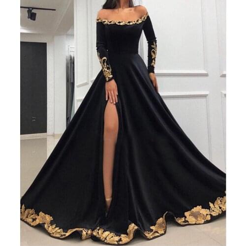 Arabic Dubai Gold Appliques Velvet Prom Dresses Long Sleeves Off Shoulde High Split Side Evening Dress Formal Party Gowns