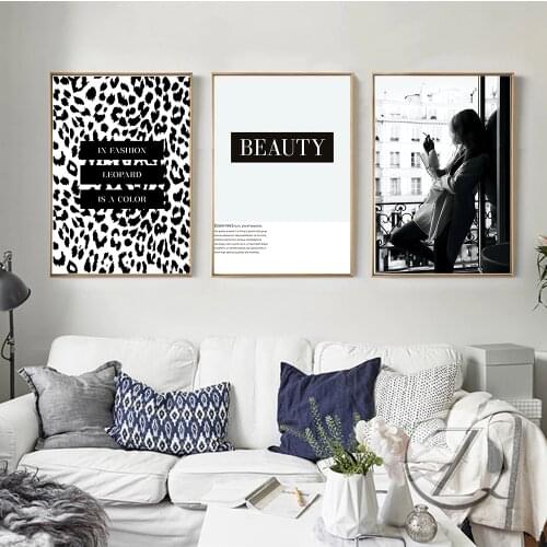 Black White Smoking Woman By The Window Poster Leopard Color Fashion Canvas Painting Wall Art Beauty Quotes Pictures Home Decor