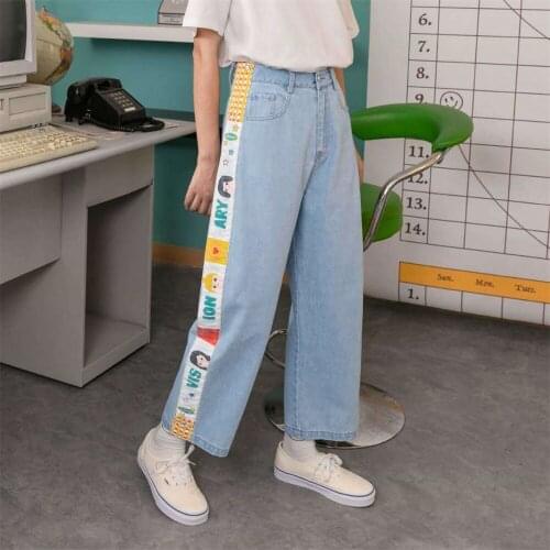 Patchwork Jeans Girl Streetwear Straight Autumn Light Blue Button Kawaii Streetwear Cool Harajuku Punk Splicing Jeans Female