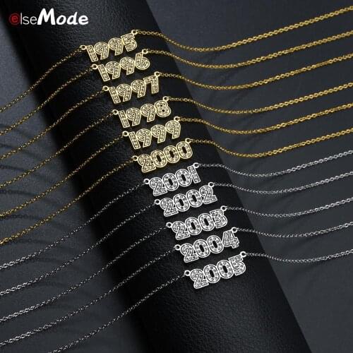 ELSEMODE Personalize Year Number Necklaces from 1995 to 2005 Stainless Steel Crystal Letter Pendant Birthaday Gift