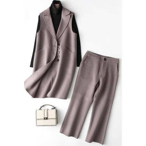 Piece 2 Set Women Long Wool Vest Top Ankle-Length Pants Womens Suit Spring Autumn Coat Outfits conjunto feminino 88101 's