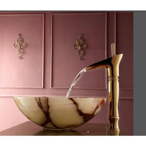 Free ship Gold finish PVD bathroom basin vessel sink faucet tall crystal modern basin tap