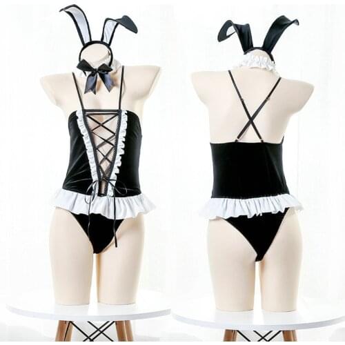 Lolita Bunny Girl Cosplay Costume Black Velvet Ruffle Straps Cross Hollow Bodysuit Sexy Women Rabbit Uniform Lingerie AV Sets