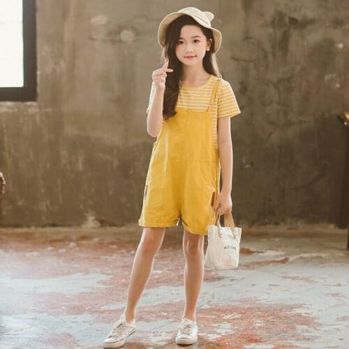 Girl 2020 Summer Clothing Sets Big Children Stripes T-shirts Strap Pants 2pcs Outfits Kids Girls Casual Cotton Clothes Sets