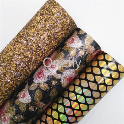 Onefly 21X29CM Rose Printed Glitter Fabric Iridescent Faux Leather, Gold Glitter Fabric Sheets For Bow DIY handbags shoes BQ061