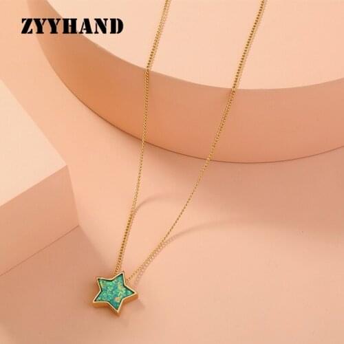 Opal Golden Star Women Pendant Necklace 18inch Cross Chain Green Color Girl Romantic Neck Jewelry