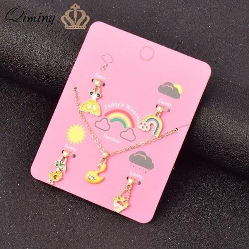 QIMING Yellow Crystal Lovely Kids Baby Necklace For Women Sets Swan Rainbow Chicken Animal Dress Dainty Everyday Jewelry Gift