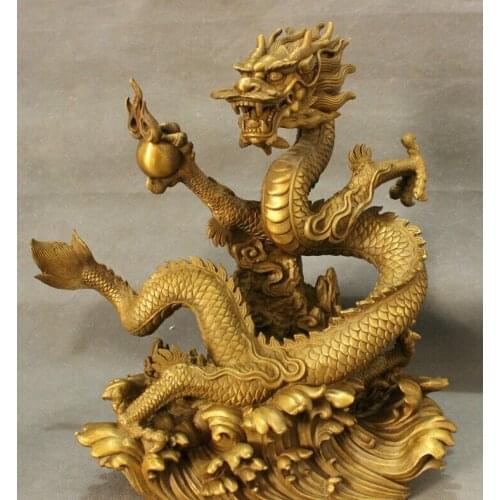 Song voge gem S3101 13" Folk Chinese Brass Decoration Year Zodiac Fly Dragon Play Ball Statue Set
