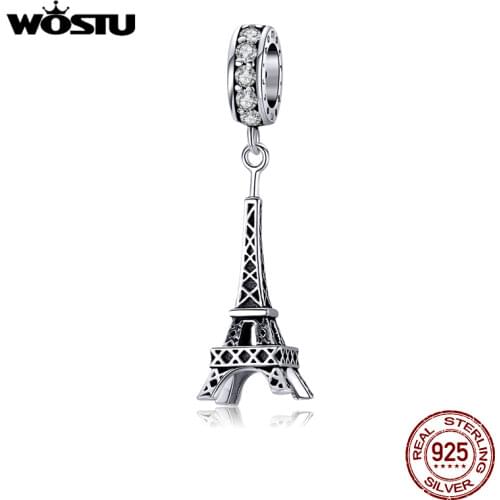 WOSTU Authentic 925 Sterling Silver Eiffel Tower Charms Zircon Openwork Beads Fit Original Bracelet Pendant Jewelry CTC154