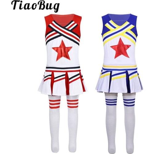TiaoBug Kids Teens Hip-hop Stage Jazz Dance Costume Girls Cheerleader Costume Street Dancing Star Applique Tops Skirt Socks Set