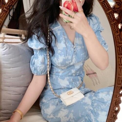 Luck A Summer Elegant Print Dress Women Designer V-Neck French Retro Party Midi Dress Chic Short Sleeve Casual Vintage 2021