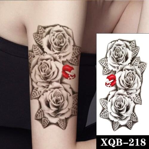 Red Lips Waterproof Temporary Tattoo Sticker Black Rose Flowers Leaves Design Fake Tattoos Flash Tatoos Arm Body Art Women Girl