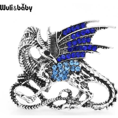 Wuli&baby Walking Blue Wing Dragon Brooch Pins Vintage Crystal Jewelry Badge Men Suit Brooches Accessories 2021 New Animal Pin