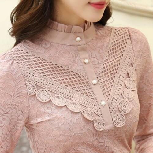 2021 New Spring Woman Stand Collar Button Office Lady Blouse Flower Lace Shirt Autumn Female Long Sleeve Hollow Out Tops H1175