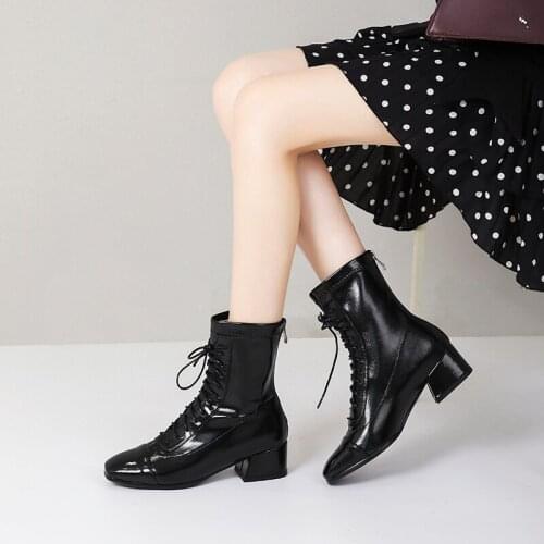 Plus Size 43 Women Boots Fashion Lace-up Ankle Boots for Women Shoes Elegant Short Shoes Sexy Square Med Heels Black Party Pumps