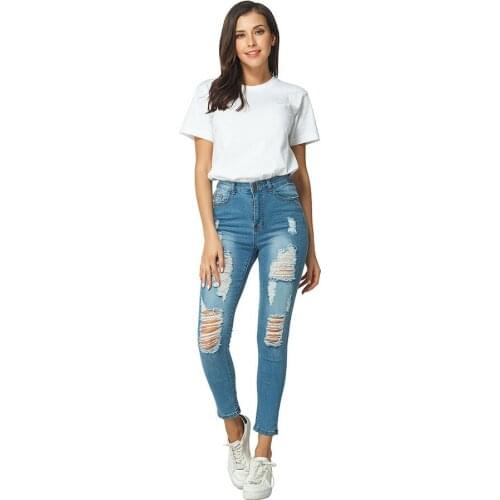 Women Casual Destroyed Ripped Distressed Skinny Denim Jeans