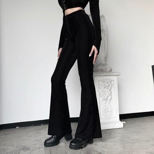 2021 Spring Women Vintage Elasticity High Waist Black Leg Pants Goth Female Velvet Stripe Skinny Streetwear Dark Gothic Trousers