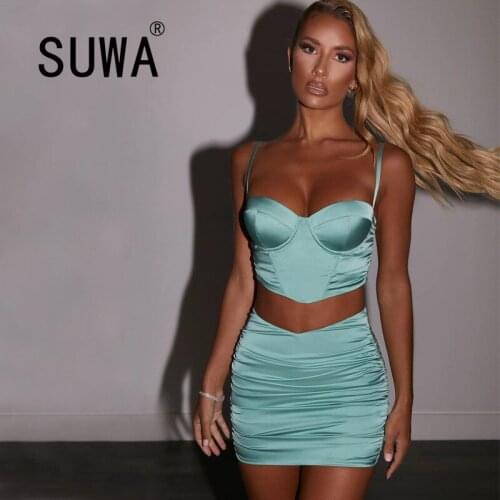 Green Satin Sexy Two Pieces Set Sleeveless Top Mini Skirt Summer Women High Quality Pleated 2 Piece Outfits Women 2020 Wholesale