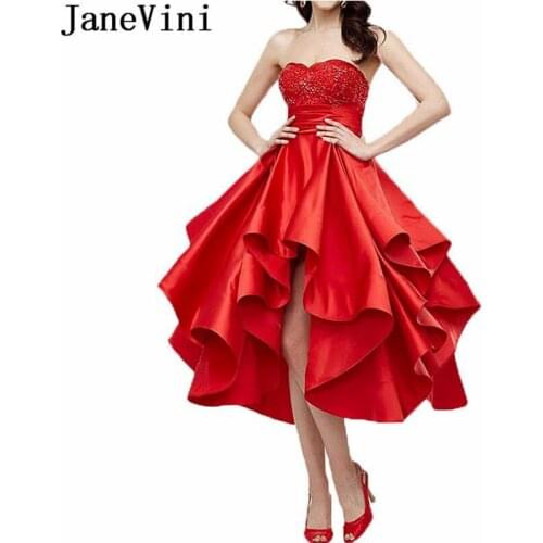 JaneVini Red Beaded High Low Homecoming Dresses 2019 Pleated Flare Satin Tea-Length Party Gowns Hi-Low Graduation Prom Dress