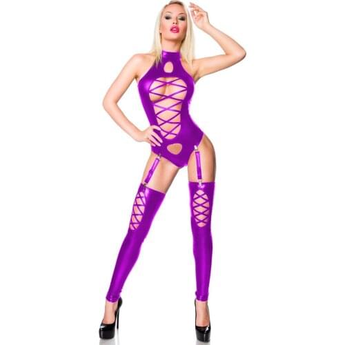 18 Colors Women Sexy Strappy Teddies Lady Novelty Lingerie Hollow Out Lace Up Bodysuit With Stockings Metallic Shiny Costume