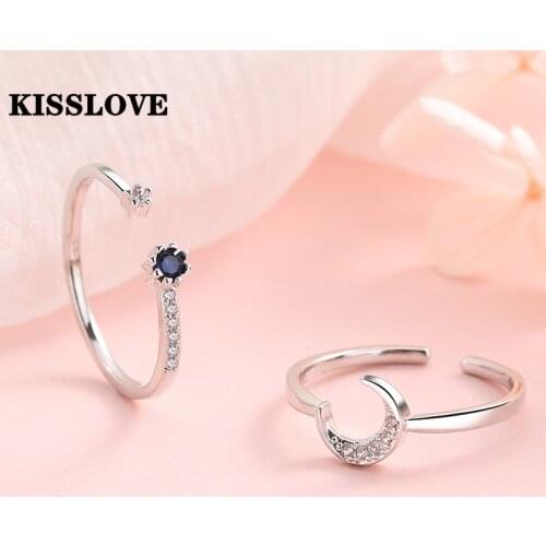 KISSLOVE Simple Style Blue Zircon Moon Star Ring Luxury Adjustable Finger Ring For Women Friends Teen Girl Fashion Jewelry Gift