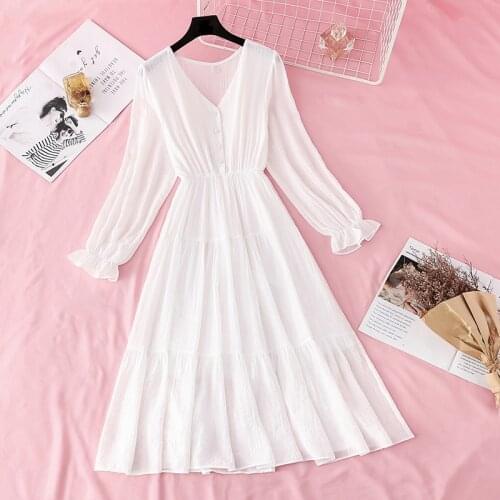 Spring summer womens retro v-neck white waist dress long section cotton linen commuter wind dress fashion chic single-breasted