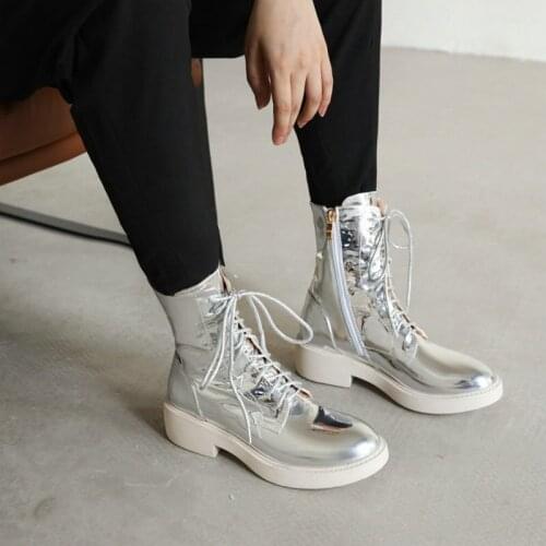 2020 winter patent PU leather silber black womans boots lace-up cross-tied platform chunky low heels woman martin ankle boots