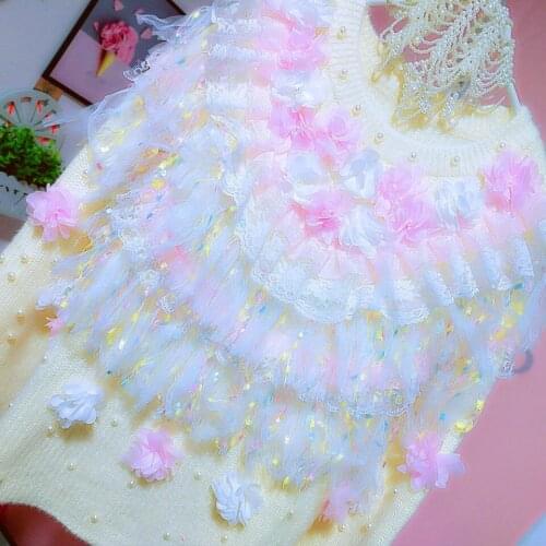 2021 Fashion Women Autumn New Long Sleeve O-neck Pearl Ruffle Knitted Sweaters Ladies Casual Loose Jumper Pullover Tops W664