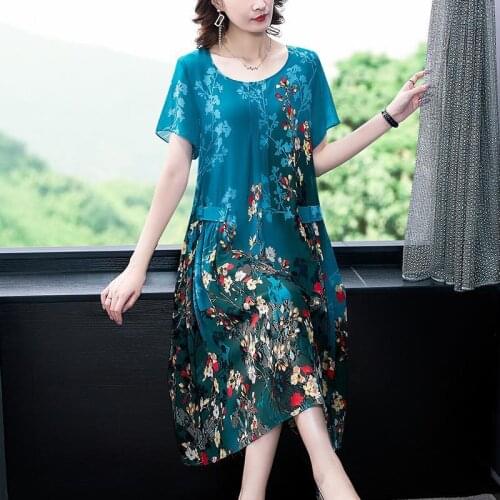 2021 New Spring Summer Women Mulberry Silk Dresses Lady Fashion Loose O-Neck Print Flower Dress Plus Size 4XL Long Vestidos B184