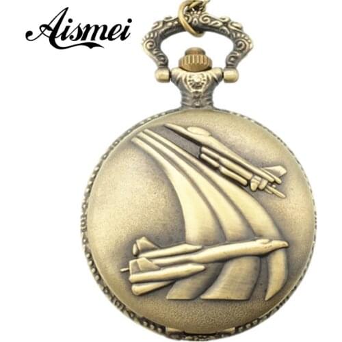 25pcs/lot Bronze Fighter Plane Took Off Quartz Pocket Watch Necklace Pendant Gift With Chain send by EMS or DHL