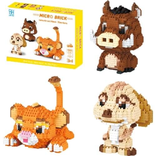 3pcs Disney Series Micro Building Blocks The Lion King Simba Timon Pumbaa Figures Diamond 3D Model Mini Brick Toy For Kids Gifts