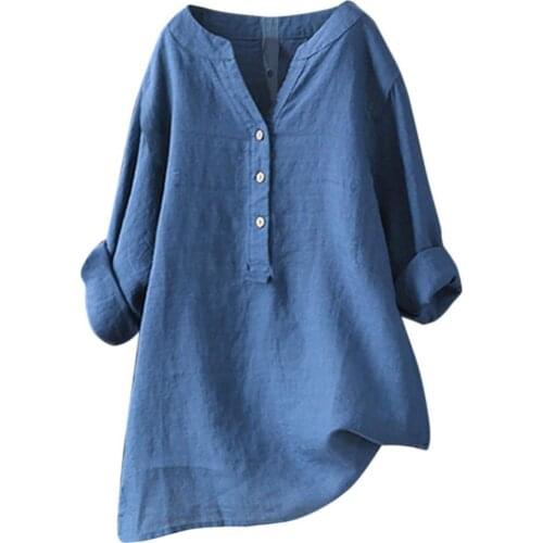 Plus Size Women Shirt Solid Color Fashion Sexy V Neck Long Sleeve Shirt Loose Comfortable Linen Blouse Top рубашка женская 2021