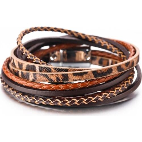 Amorcome Leopard Print Multilayer Long Wrap Leather Bracelet for Women Jewelry Handmade Braid Rope Bracelets Ladies Female Gift