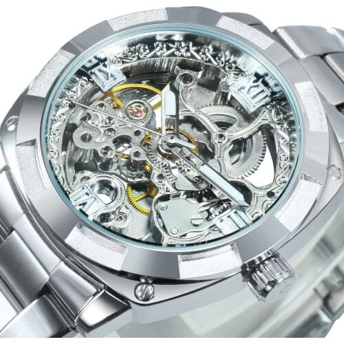 Forsining Fashion Luxury Watch for Men Mechanical Wristwatches Skeleton Automatic Watches Stainless Steel Strap Retro Clock New