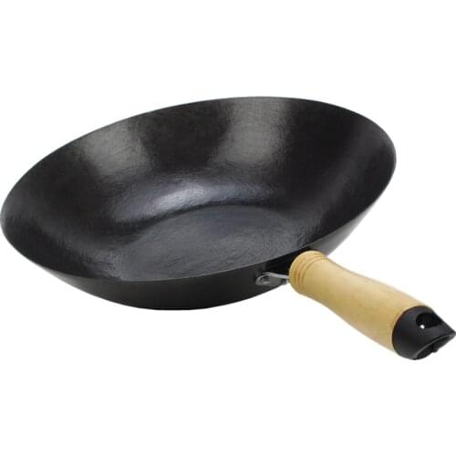 Wooden handle cast iron hand made iron wok flat bottom round bottom non stick wok gas cooker household cooking Chinese pan wok