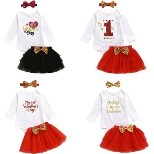 My First Valentines Day Infant Baby Girl Long Sleeve Romper+Skirt +Headband 3pcs Outfits Clothes Size 0-24M