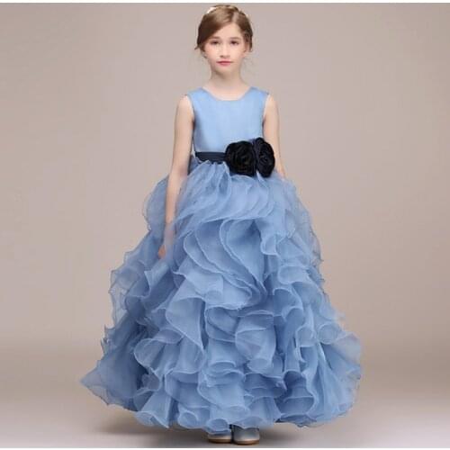 Haze Blue Ruffled Flower Girl Dress O Neck Sleeveless Ruffles Floor Length Zipper Back Kids Formal Gown with Flowers Sash