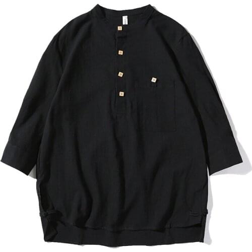 Japanese Style Retro T-shirt Streetwear Mens Summer Ethnic Men Pocket Decoration Round neck Three-quarter Sleeve T-shirt Tops