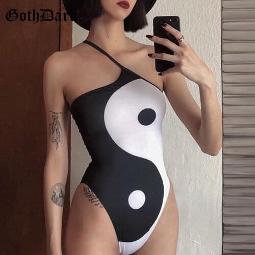 Goth Dark Mall Gothic Punk Summer Sexy Women Bodysuits E-girl Grunge Aesthetic Ying Yang Swimsuit Cyber One Piece Solid Bodysuit