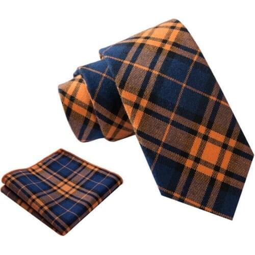 Ikepeibao 10Sets/lot Orange Blue Green Scotland Plaid Printing Casual Mens Cotton Green Red Neck Tie Hanky Sets