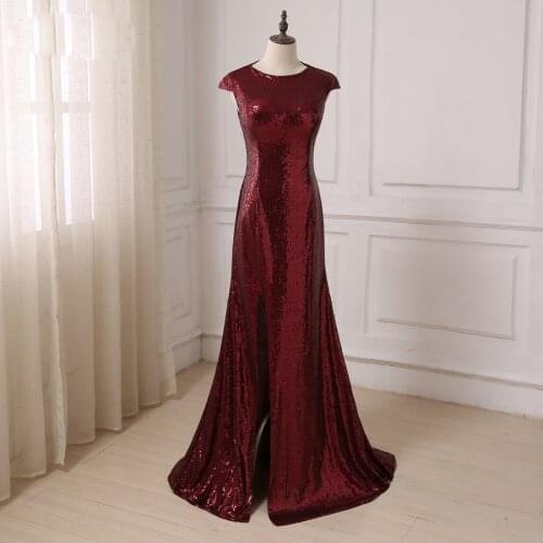 Jiayigong Sexy Sequin Bridesmaid Dresses Cap Sleeve Cheap Mermaid Wedding Party Dress Burgundy Bridesmaids Gowns
