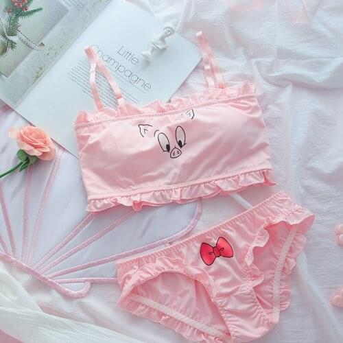 Wriufred Pink girl heart bra panty set cute sweet soft ladies underwear student wire free bralette comfortable tube top set