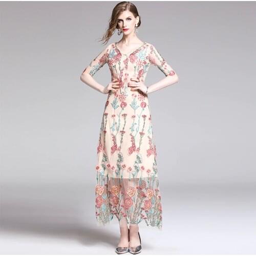 Embroidery Floral Summer Dresses Mesh Straight Zipper Mid-Calf Chiffon Midi Dress V-Neck Three Quarter Empire Dress Evening 2021