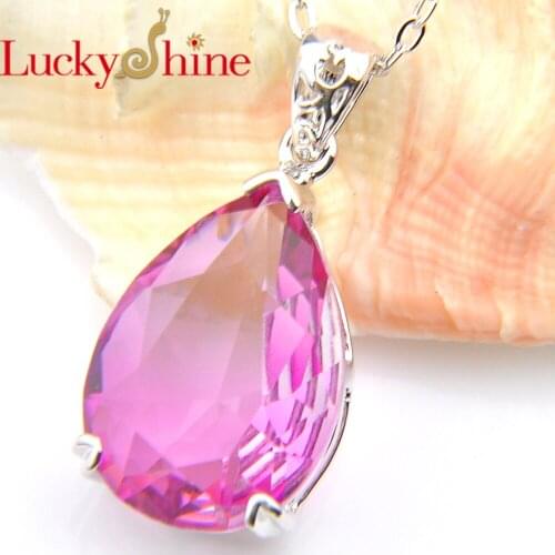 Luckyshine Women Jewelry Pendant Water Drop Pink Bi colored Tourmaline Crystal Zirconia Silver Chain Pendant Necklace Jewelry